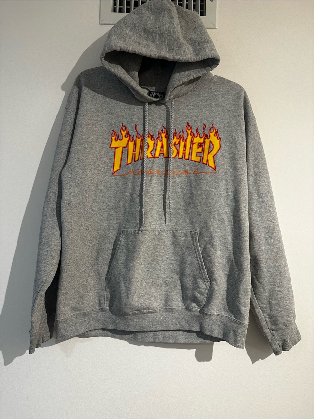 Thrasher Gray Hoodie with Yellow-Orange Flame Logo